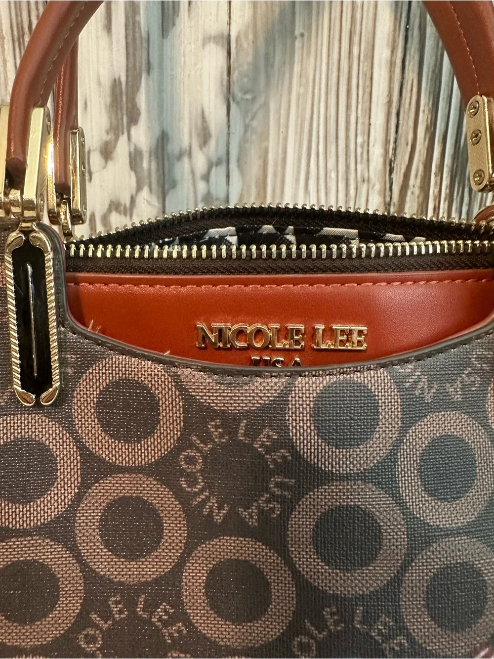 Nicole Lee USA Brown Satchel Handbag Purse Retro Convertible Print NWT Tags